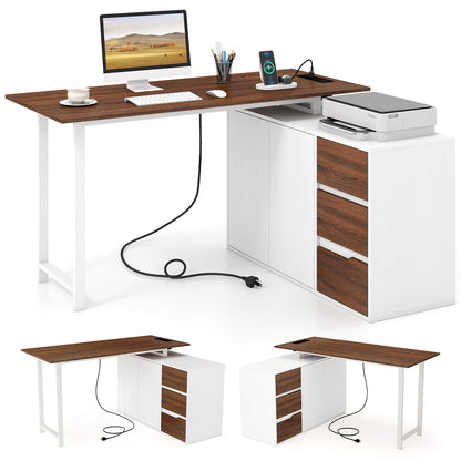 L-Shaped Desk with File Cabinet and Power Outlet Reversible Corner Computer Desk-Rustic Brown