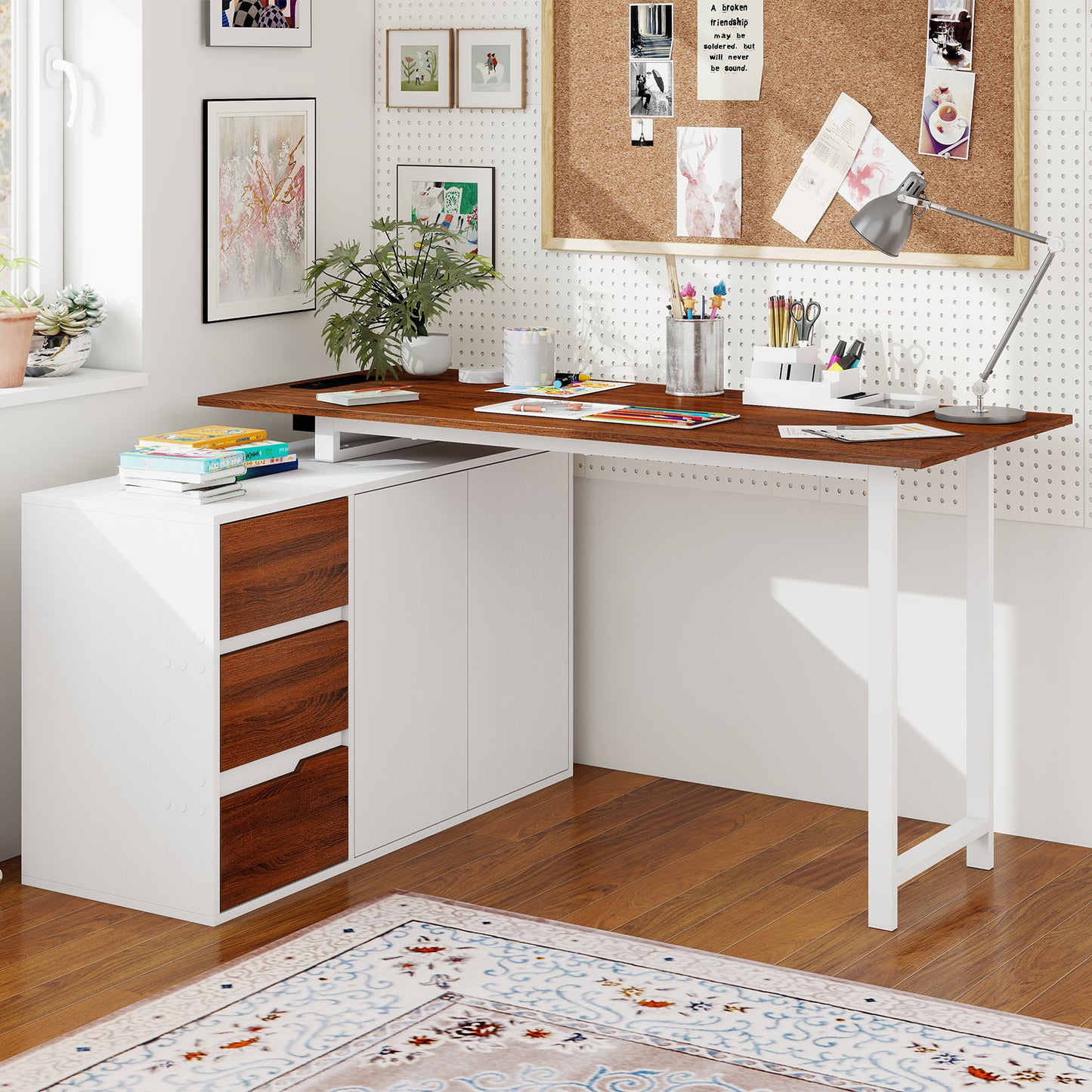 L-Shaped Desk with File Cabinet and Power Outlet Reversible Corner Computer Desk-Rustic Brown