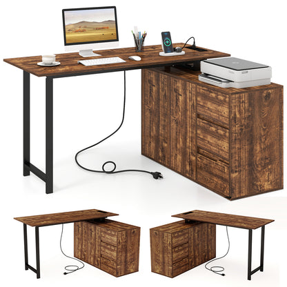 L-Shaped Desk with File Cabinet and Power Outlet Reversible Corner Computer Desk-Rustic Brown