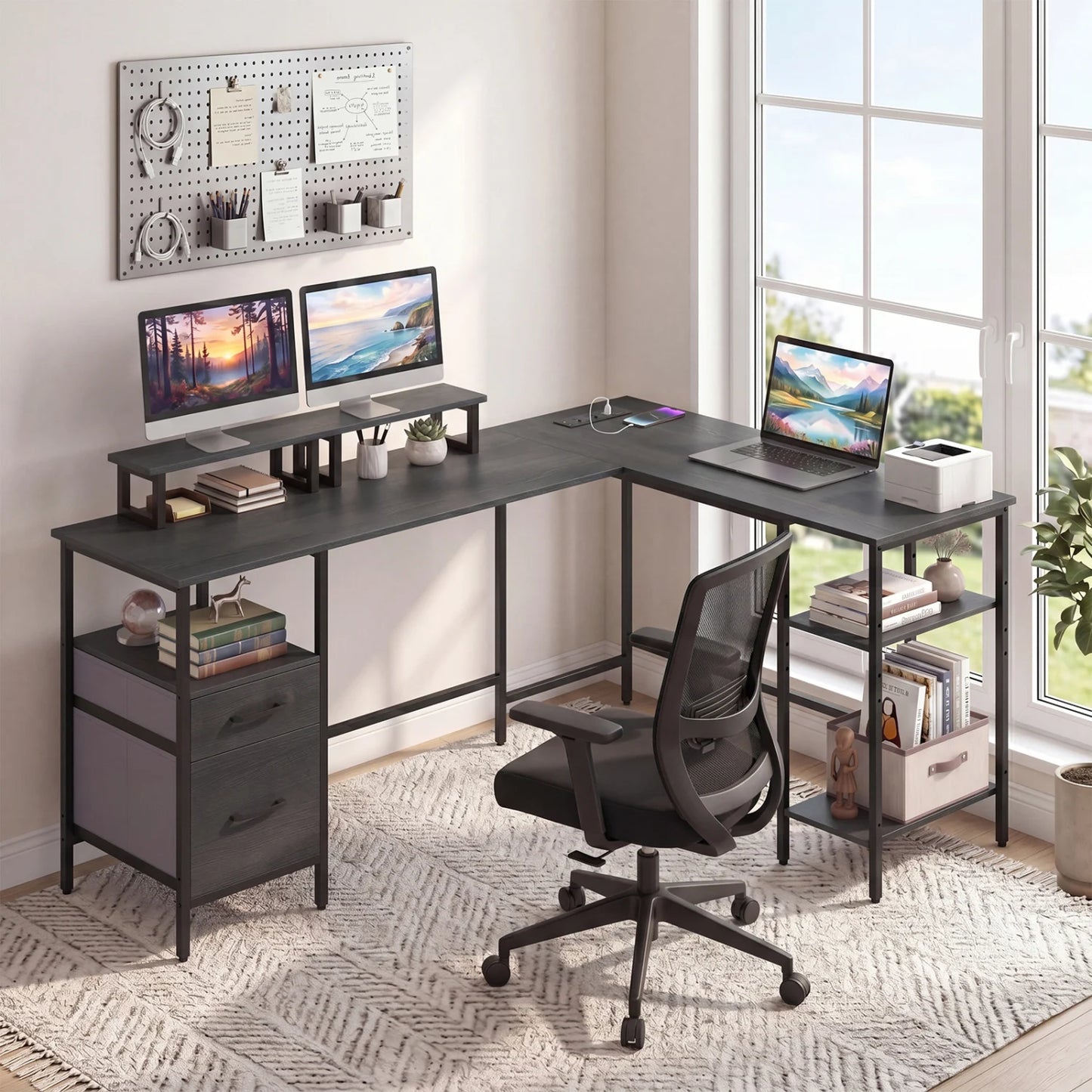 Black L-shaped computer desk with power outlet and monitor stands, ideal for home office workspace setup.