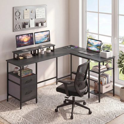 Black L-shaped computer desk with power outlet and monitor stands, ideal for home office workspace setup.