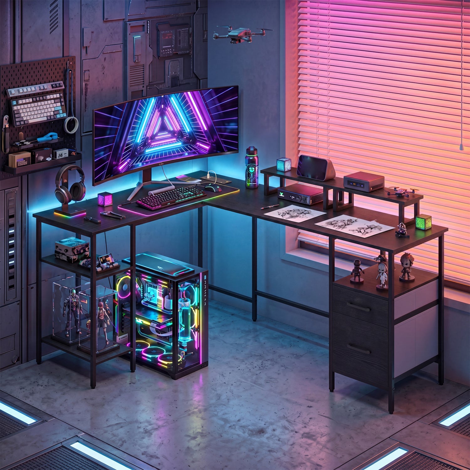 Black L-shaped computer desk with power outlet and monitor stands, reversible design for home office workspace.