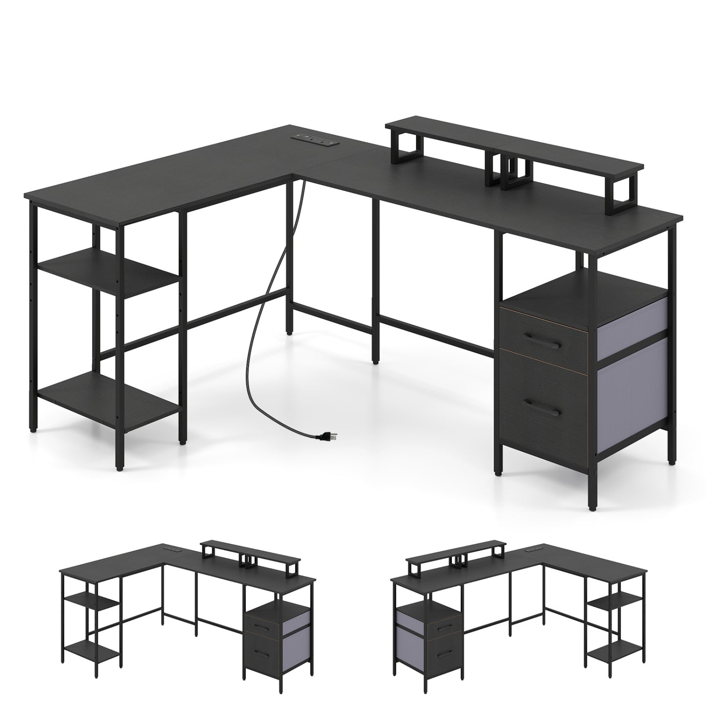 Black L-shaped desk with built-in power outlet and monitor stands, ideal for home office use, by Direct by Wilsons Home Store.