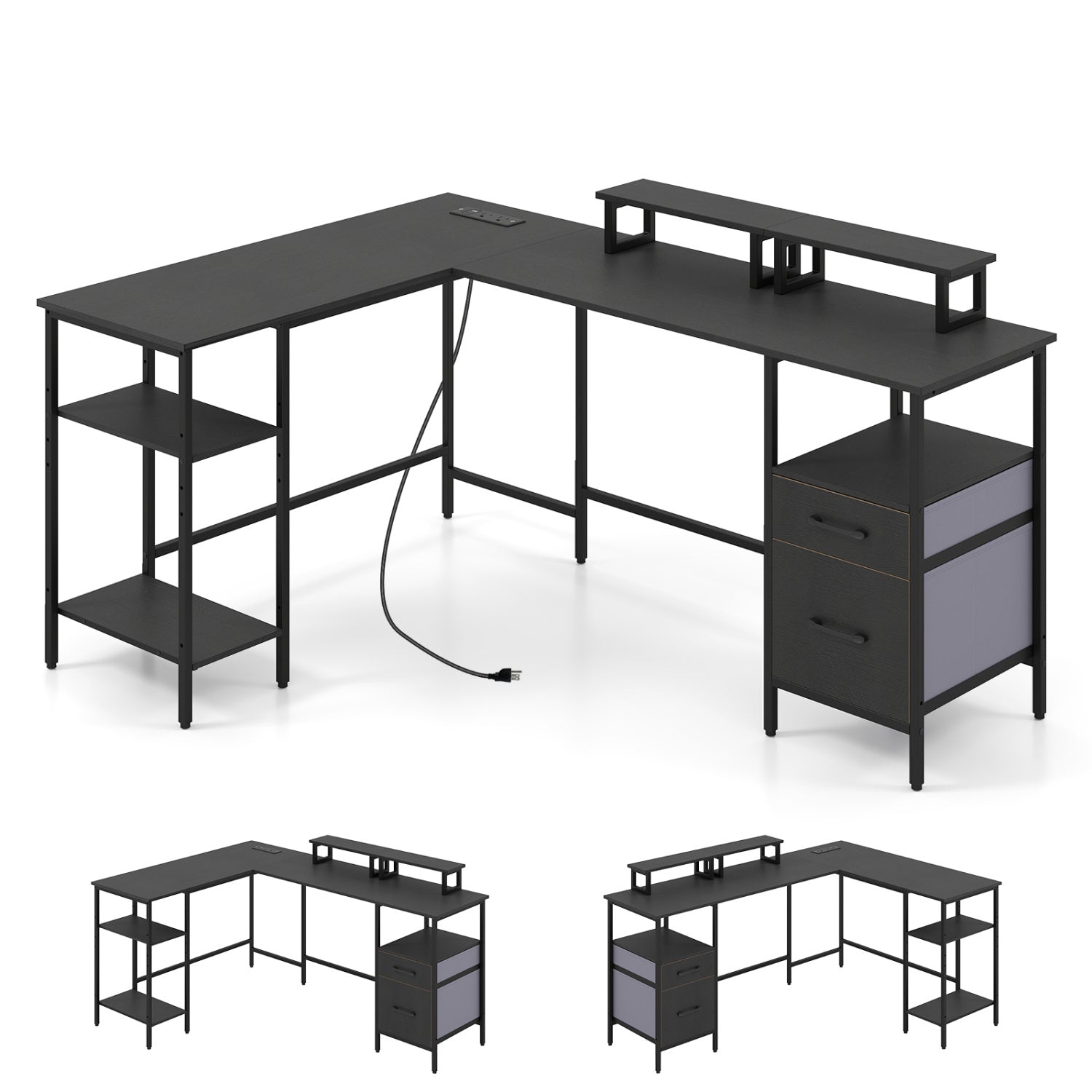 Black L-shaped desk with built-in power outlet and monitor stands, ideal for home office use, by Direct by Wilsons Home Store.
