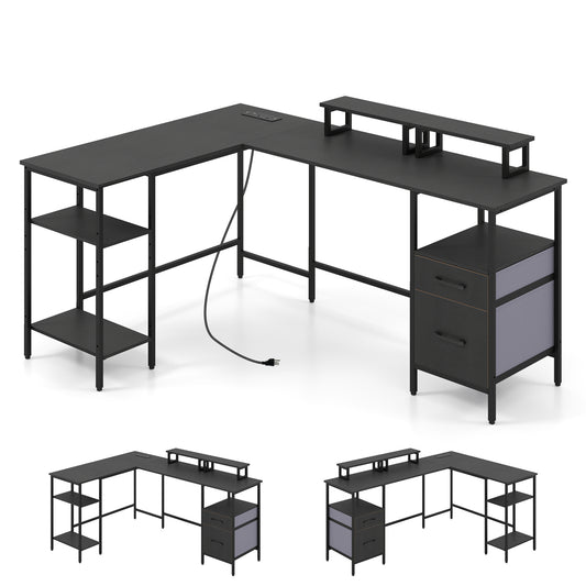 L Shaped Desk with Power Outlet Reversible Computer Desk with Monitor Stands-Black