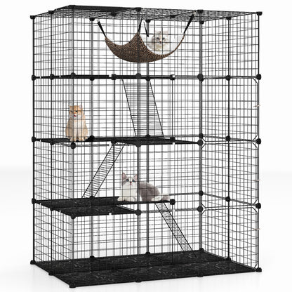 Large 4-Tier Cat Cage with Skylight and Hammock for 1-4 Cats-Black