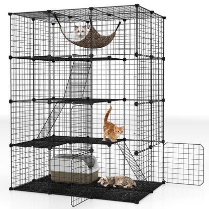 Large 4-Tier Cat Cage with Skylight and Hammock for 1-4 Cats-Black