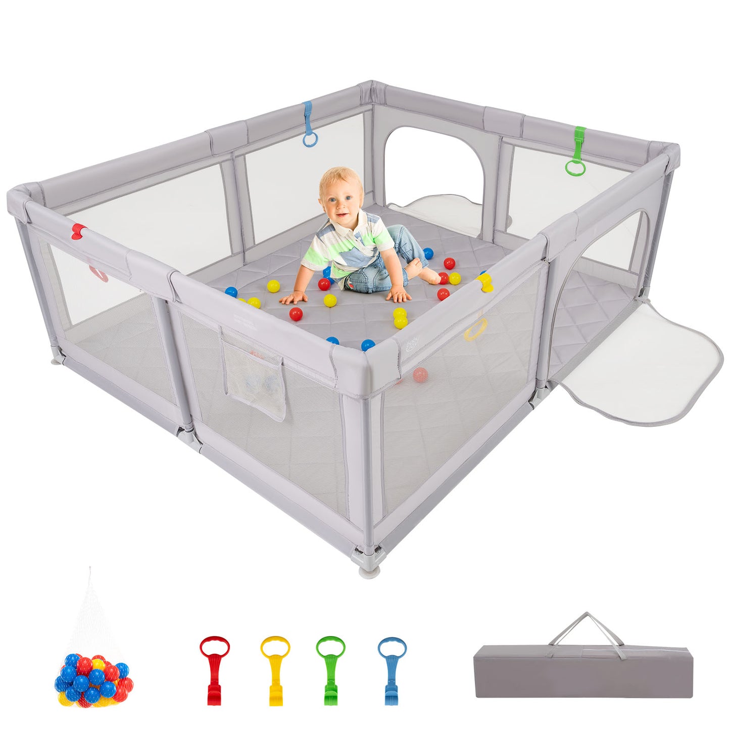 Large Baby Playpen with Mat with Pull Rings and Ocean Balls-GR