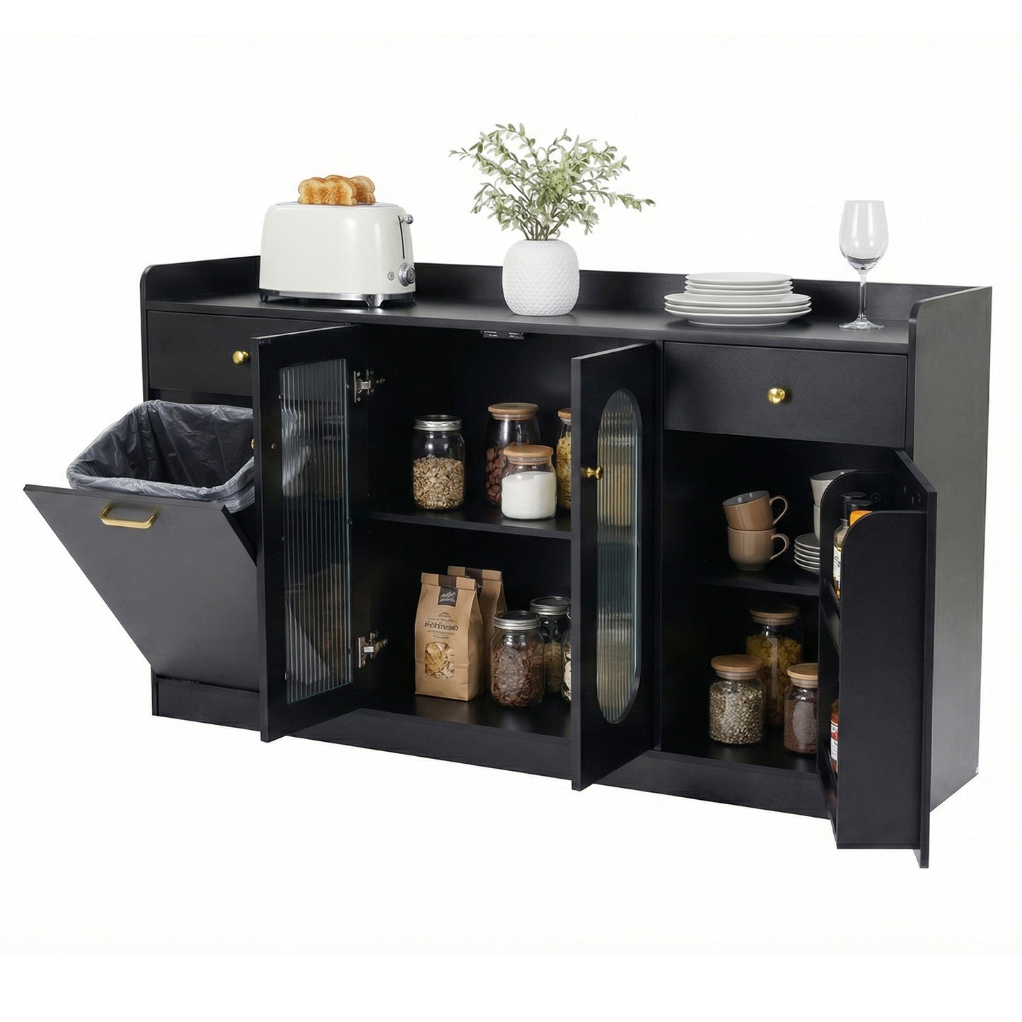 Large Buffet Cabinet Hidden Tilt Out Trash Can Cabinet with 2 Glass Doors-Black