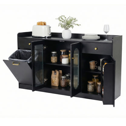 Large Buffet Cabinet Hidden Tilt Out Trash Can Cabinet with 2 Glass Doors-Black