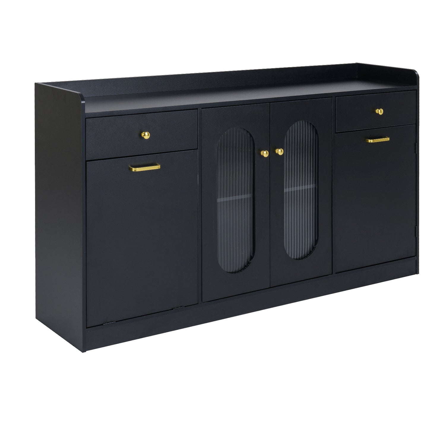 Large Buffet Cabinet Hidden Tilt Out Trash Can Cabinet with 2 Glass Doors-Black