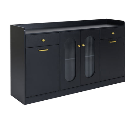 Large Buffet Cabinet Hidden Tilt Out Trash Can Cabinet with 2 Glass Doors-Black