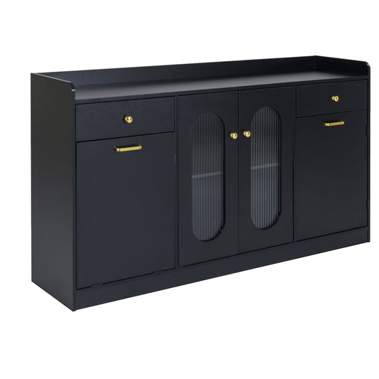 Large Buffet Cabinet Hidden Tilt Out Trash Can Cabinet with 2 Glass Doors-Black
