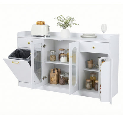 Large Buffet Cabinet Hidden Tilt Out Trash Can Cabinet with 2 Glass Doors-Black