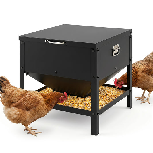 Black large capacity chicken feeding box with openable lid for easy refilling, designed for poultry coops.