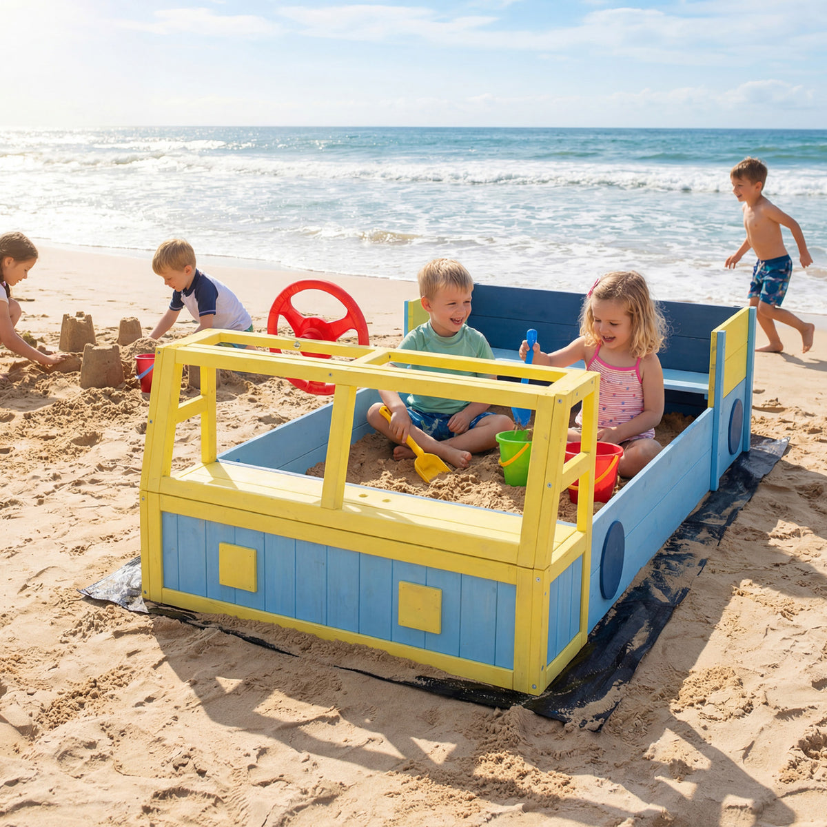 Large Car-Theme Sand Box with Bottom Liner and Fir Wood Frame-Blue ...