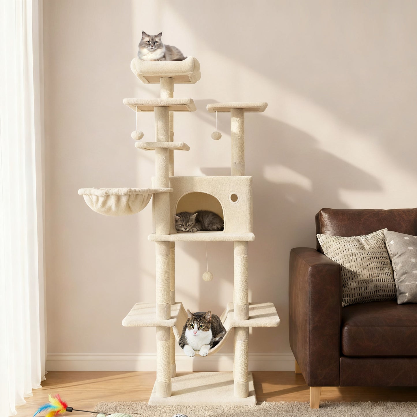 Large Cat Tree for Indoor Cats 63" Tall Cat Tower-Beige