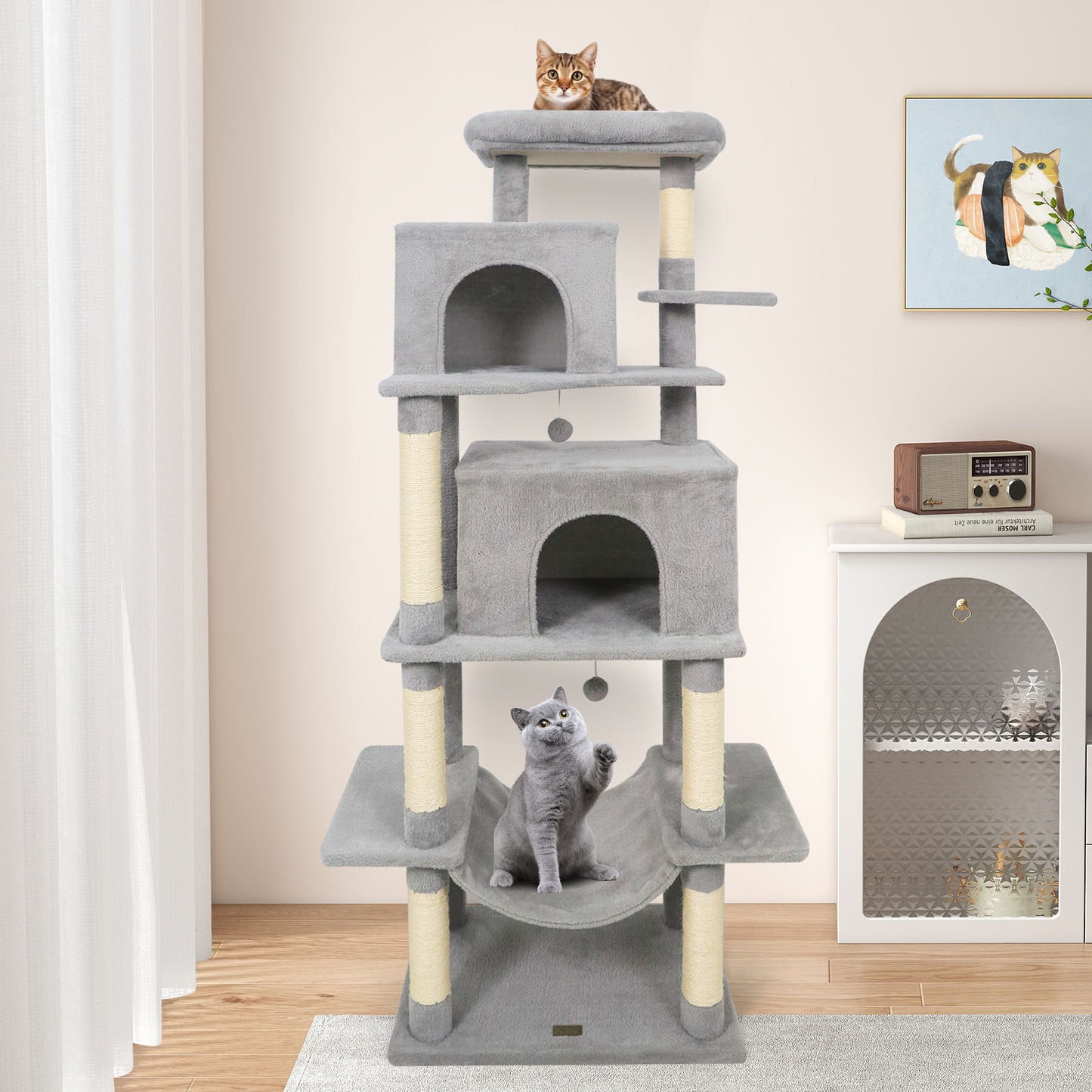 Large Cat Tree for Indoor Cats 70" Tall Cat Tower-Beige