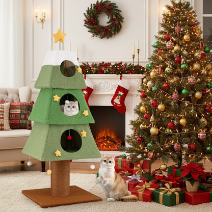 Large Christmas Cat Tree for Indoor Cats 64" Cute Cat Tower with 3 Condos-Green