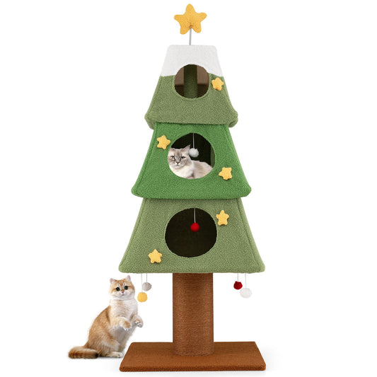 Large 64-inch Christmas-themed green cat tree with multiple condos for indoor cats, featuring cozy hiding spots and scratching posts.