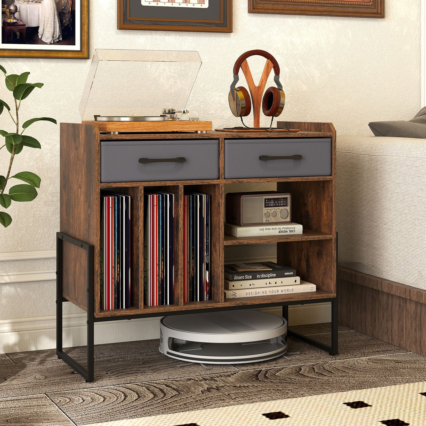Large Record Player Stand with Charging Station Mid Century Modern Vinyl Storage Cabinet-Rustic Brown