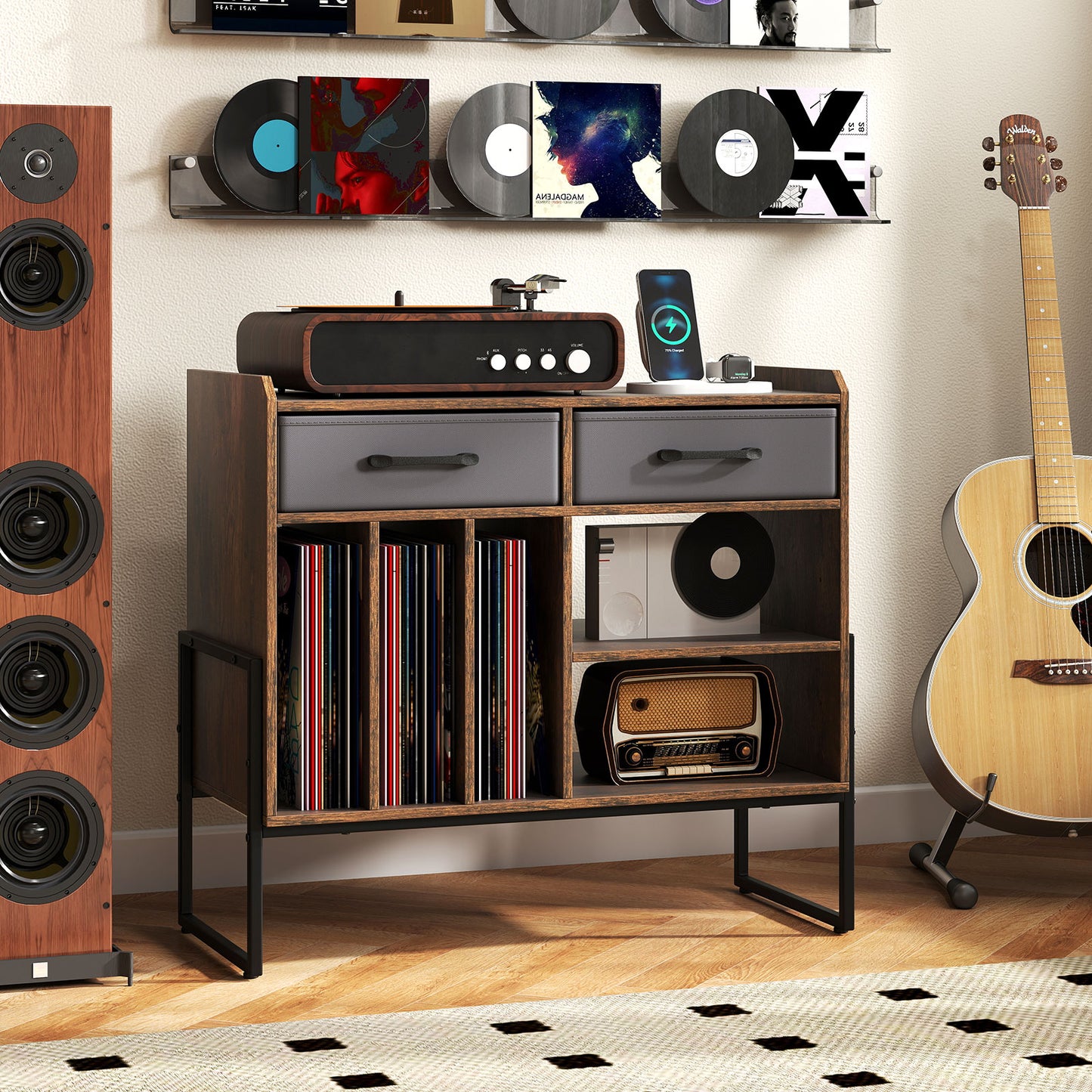 Large Record Player Stand with Charging Station Mid Century Modern Vinyl Storage Cabinet-Rustic Brown