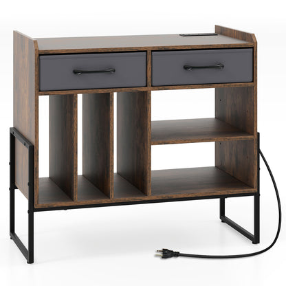 Large Record Player Stand with Charging Station Mid Century Modern Vinyl Storage Cabinet-Rustic Brown