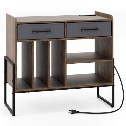 Large Record Player Stand with Charging Station Mid Century Modern Vinyl Storage Cabinet-Rustic Brown