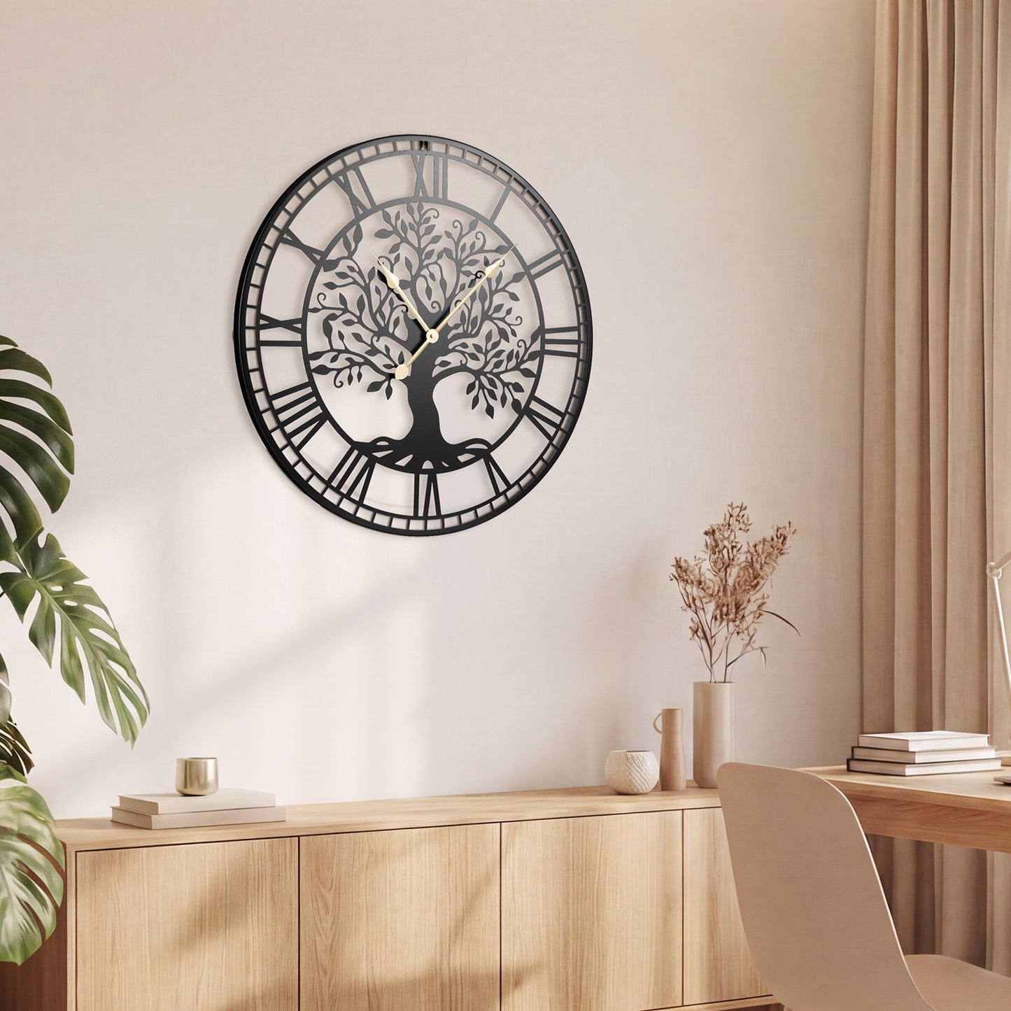 Large Wall Clock 27 Inch Tree of Life Big Metal Wall Clock-Black