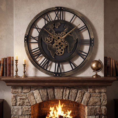 Large Wall Clock 27" Gear Clock with World Map-Brown