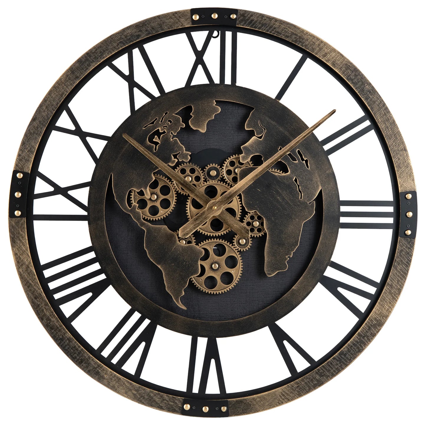 Large Wall Clock 27" Gear Clock with World Map-Brown