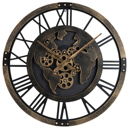 Large Wall Clock 27" Gear Clock with World Map-Brown