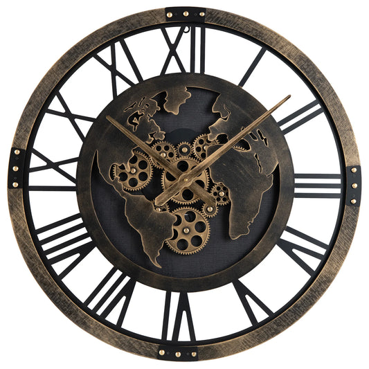 Large Wall Clock 27" Gear Clock with World Map-Brown