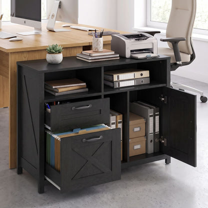 Black lateral file cabinet with two drawers and a single-door cabinet for letter and A4 documents, ideal for home office storage.