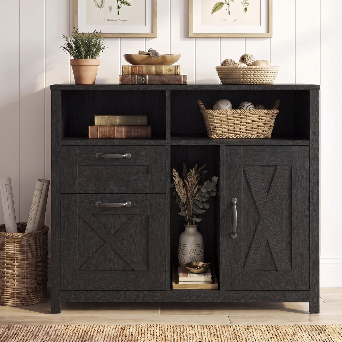 Black lateral file cabinet with two drawers and a single-door cabinet for letter and A4 files, ideal for home office storage.