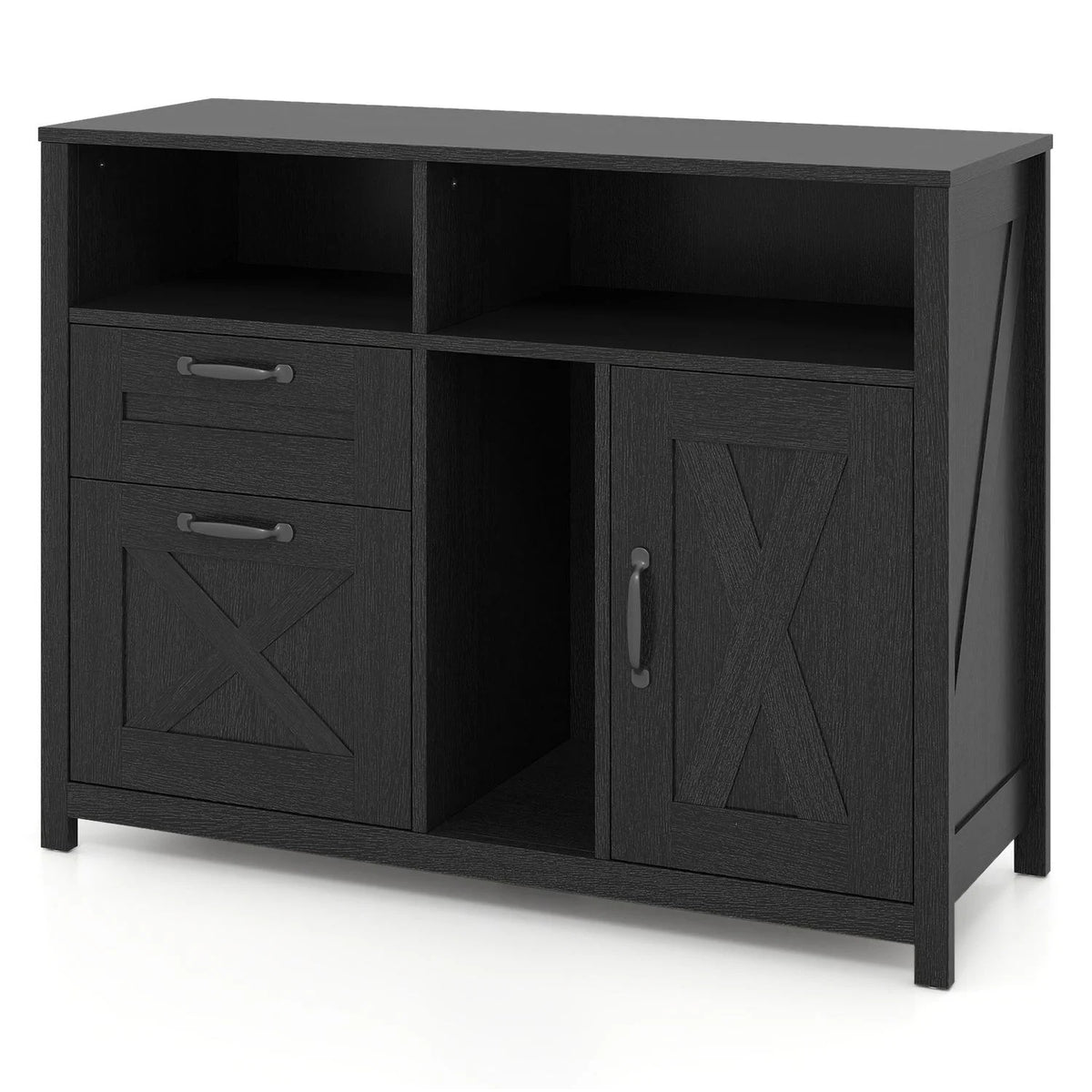 Black lateral file cabinet with two drawers and a single-door cabinet for letter and A4 documents, ideal for home office storage.