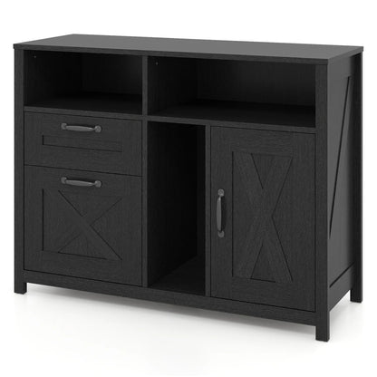 Black lateral file cabinet with two drawers and a single-door cabinet for letter and A4 documents, ideal for home office storage.