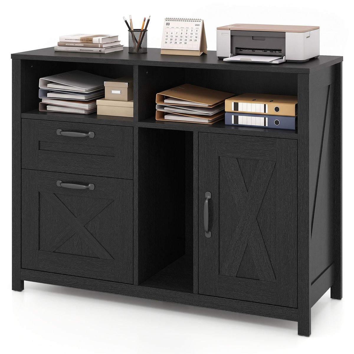Black lateral file cabinet with 2 drawers and a single-door cabinet for letter and A4 files, designed for home office storage.