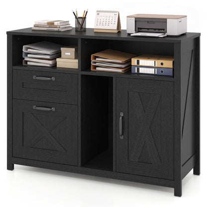 Black lateral file cabinet with 2 drawers and a single-door cabinet for letter and A4 files, designed for home office storage.