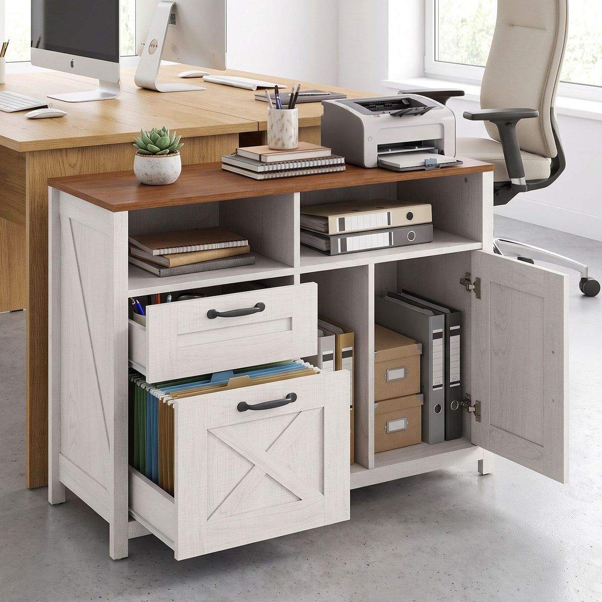 Black lateral file cabinet with two drawers and a single-door cabinet for letter and A4 documents, ideal for home office storage.