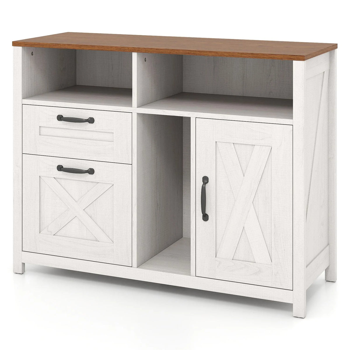 Black lateral file cabinet with two drawers and a single-door cabinet, designed for letter and A4 documents, by Wilsons Home Store.