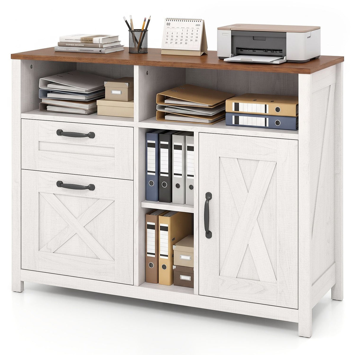 Black lateral file cabinet with 2 drawers and a single-door cabinet for letter and A4 documents, designed for home office storage.