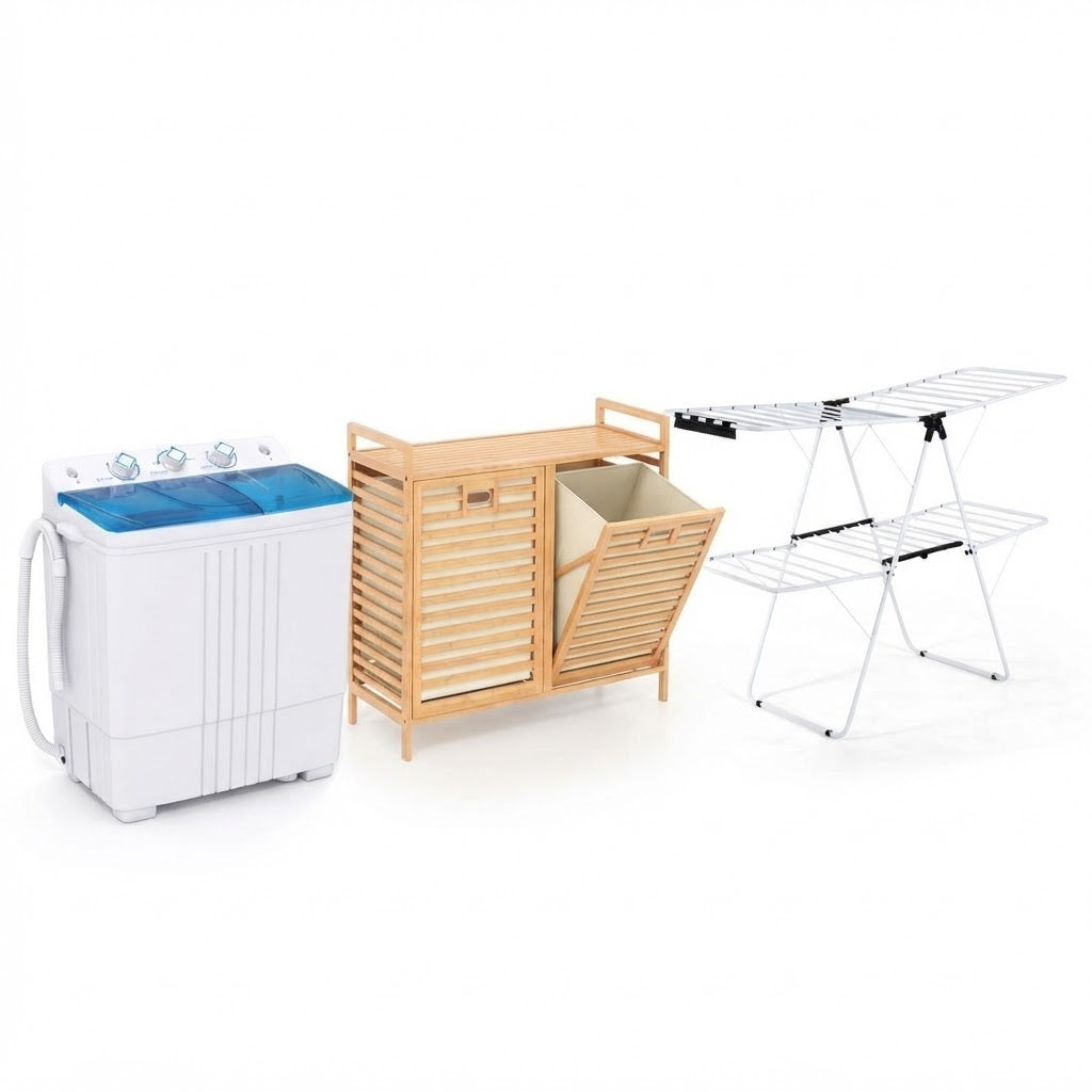 Laundry Care Bundle with Washing Machine Laundry Hamper and Foldable Drying Rack