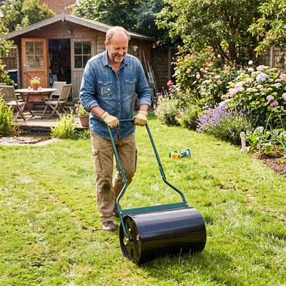 12-gallon water and sand-filled lawn roller with U-shape handle, ideal for outdoor garden lawn care and soil leveling.