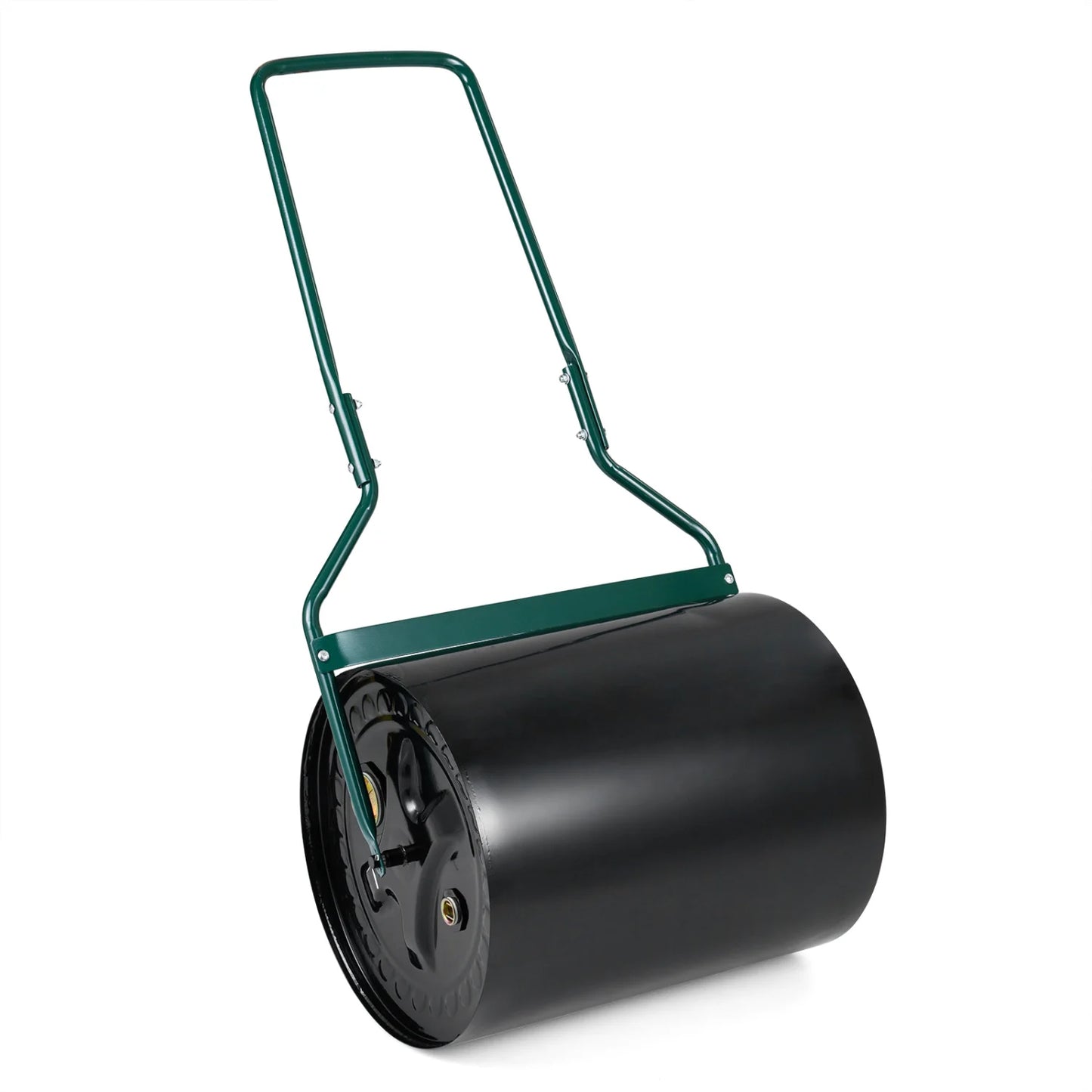 Garden lawn roller filled with water and sand, 16-gallon capacity, leak-proof inlet, outdoor lawn care tool.