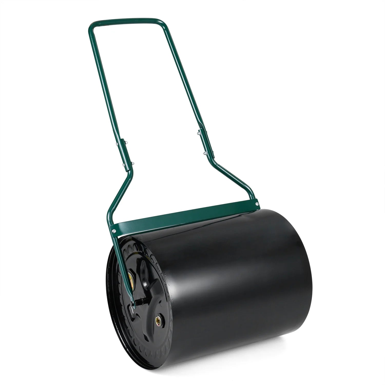 Garden lawn roller filled with water and sand, 16-gallon capacity, leak-proof inlet, outdoor lawn care tool.
