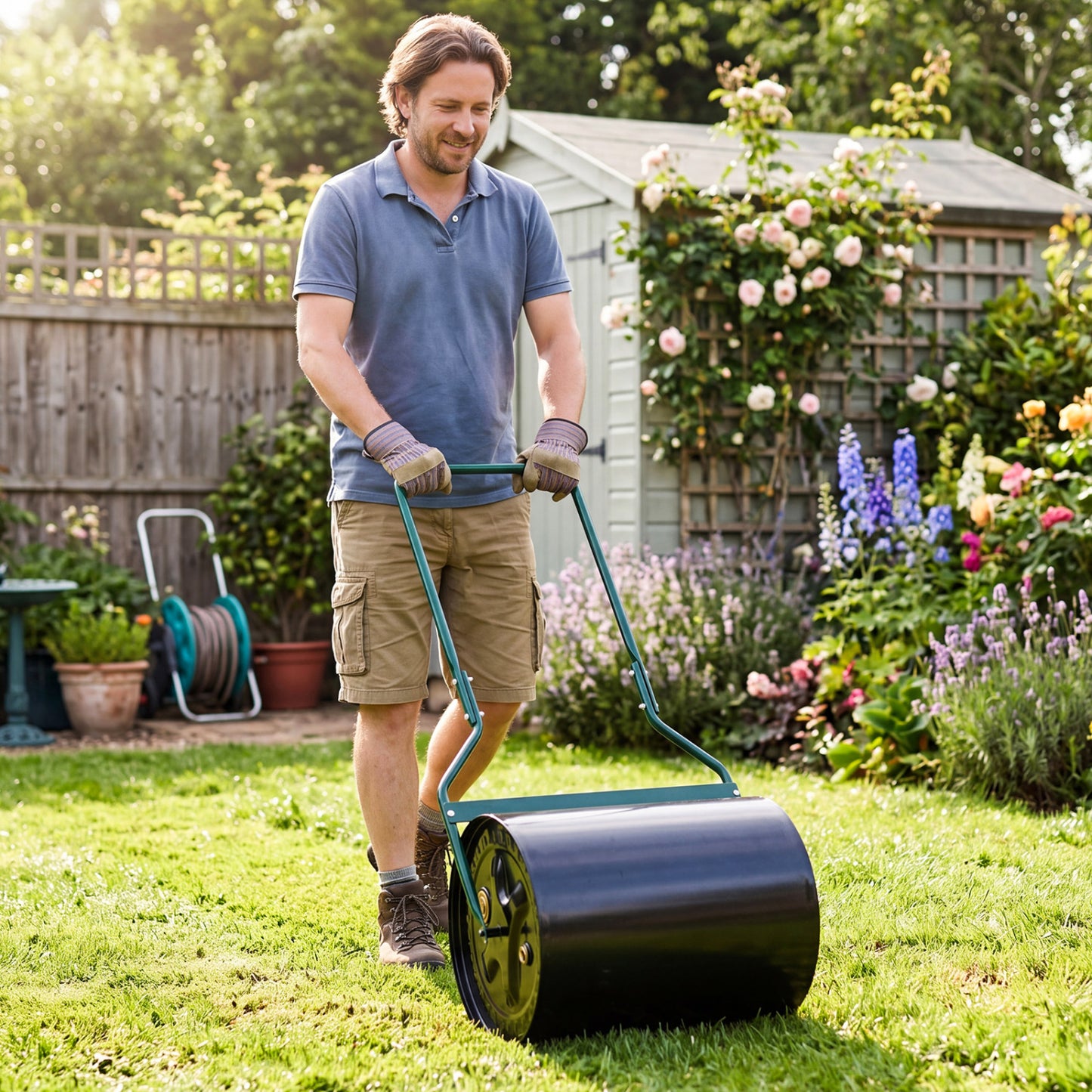 Wilson's Lawn Roller 16-gallon water and sand-filled garden drum with leak-proof inlet for lawn care and outdoor gardening.