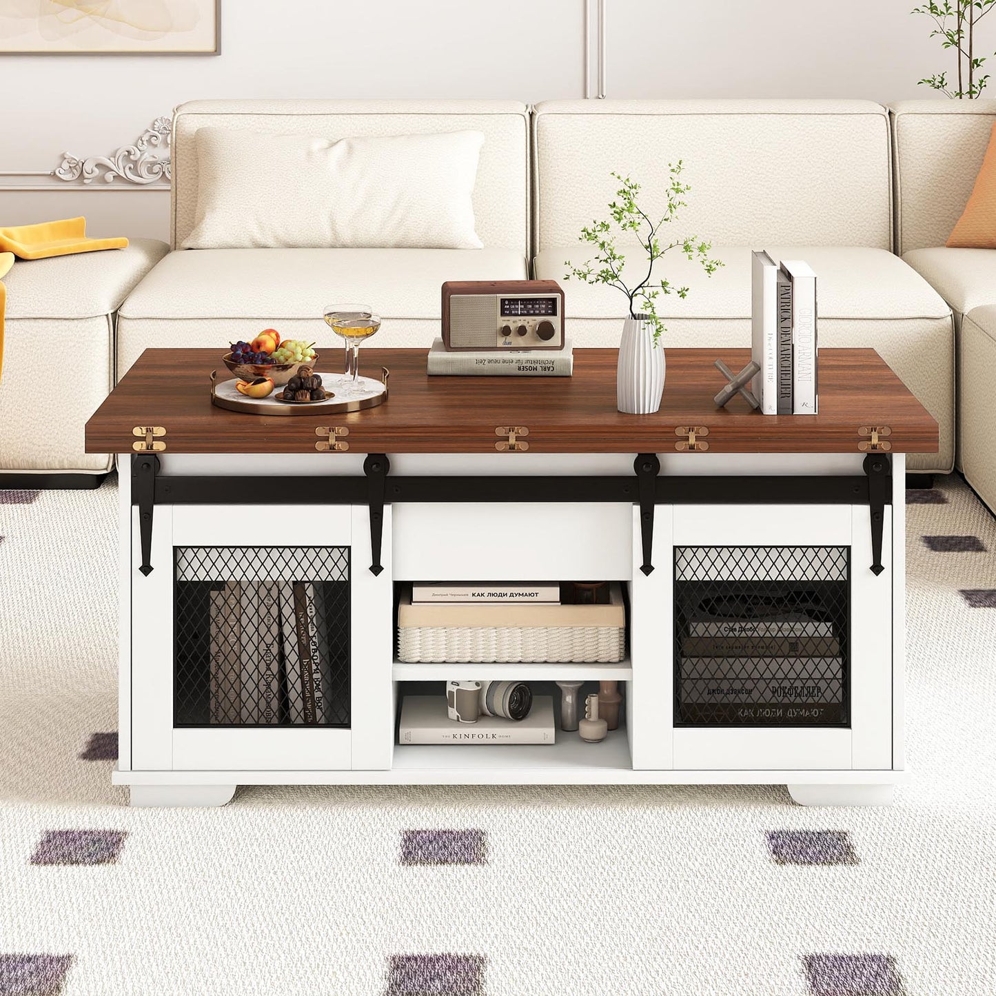 Lift Top Coffee Table with 2 Sliding Barn Doors-Black