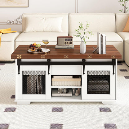 Lift Top Coffee Table with 2 Sliding Barn Doors-Black