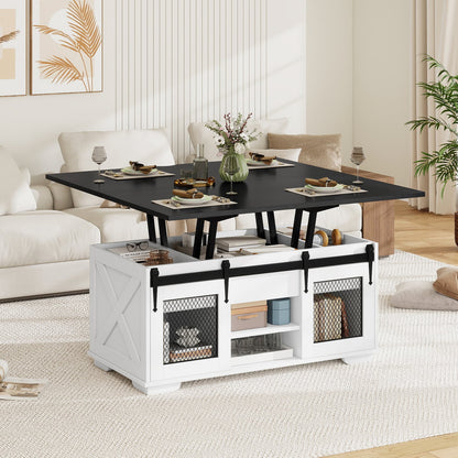 Lift Top Coffee Table with 2 Sliding Barn Doors-Black